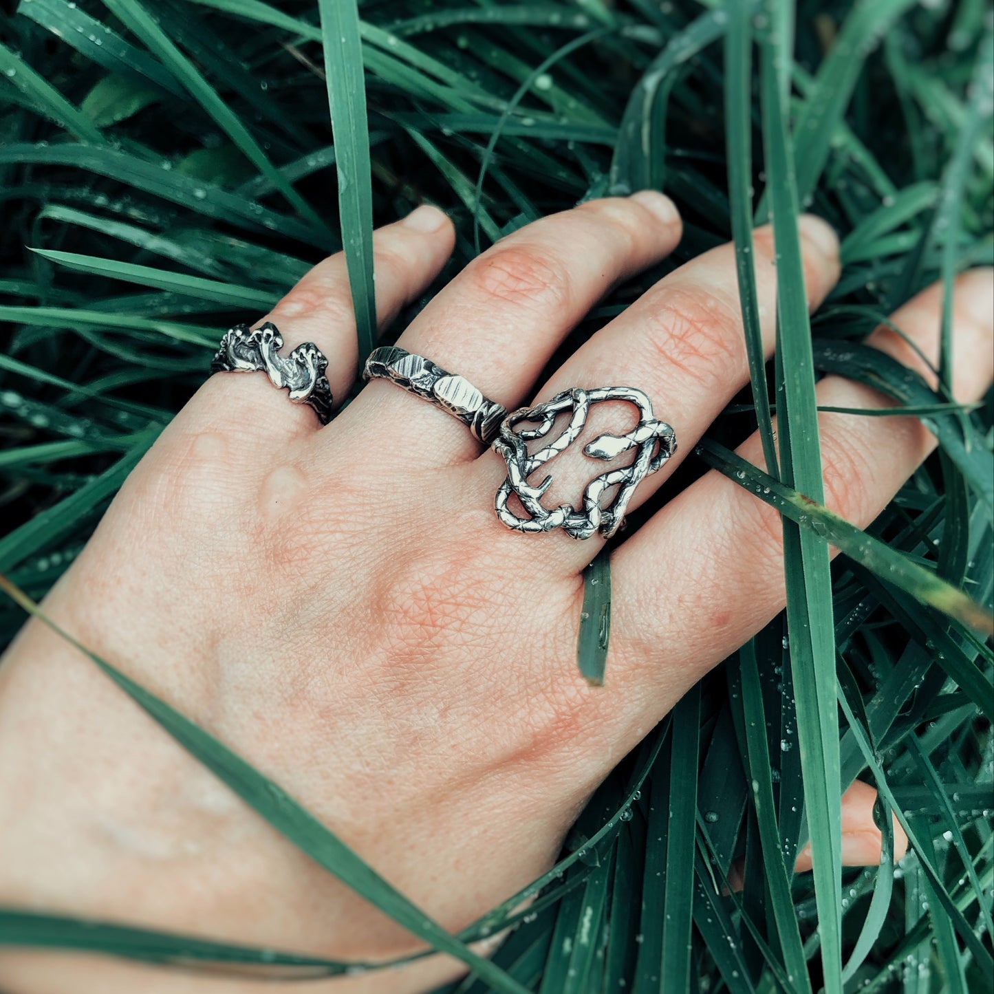 silver snake ring wrapped around organic branches, worn on a hand in tall grass — nature-inspired jewelry, forestcore aesthetic, sculptural silver ring design