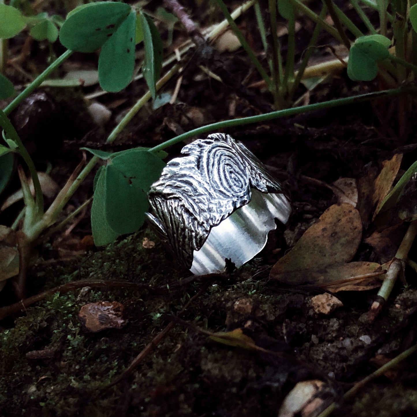 Sterling silver ring with bark texture on forest floor, woodland aesthetic, nature-inspired design