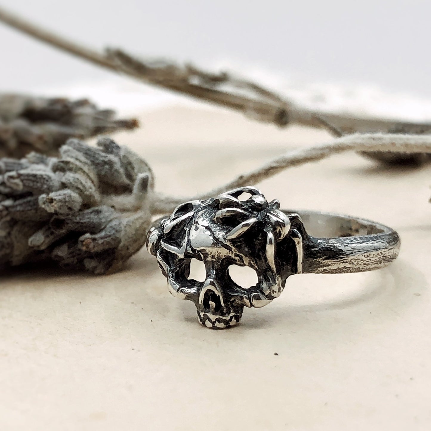 Skull Ring with Spiders, Gothic Jewelry, Sterling Silver, Artisan Made Jewelry, Nature inspired, Dark Academia