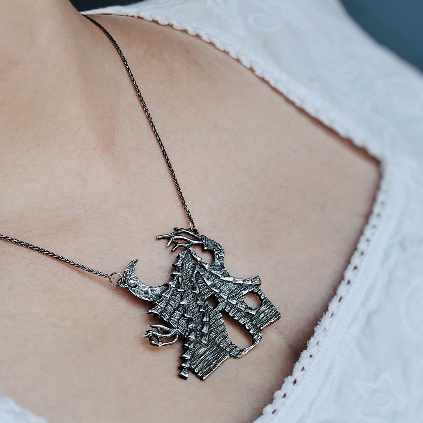 Haunted House Necklace, Sterling Silver, Artisan Made, Halloween Jewelry, Gothic, Witchy, Statement Jewelry