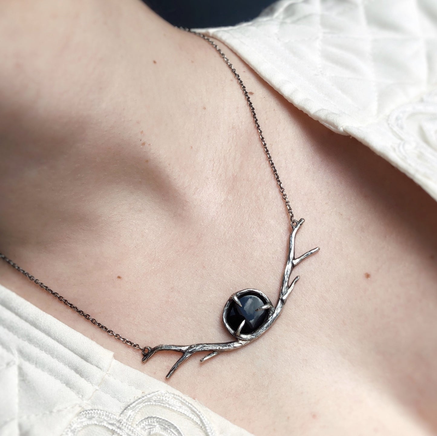 Onyx Necklace Sterling Silver Artisan Jewelry Nature inspired Minimal Gothic Witch Steampunk