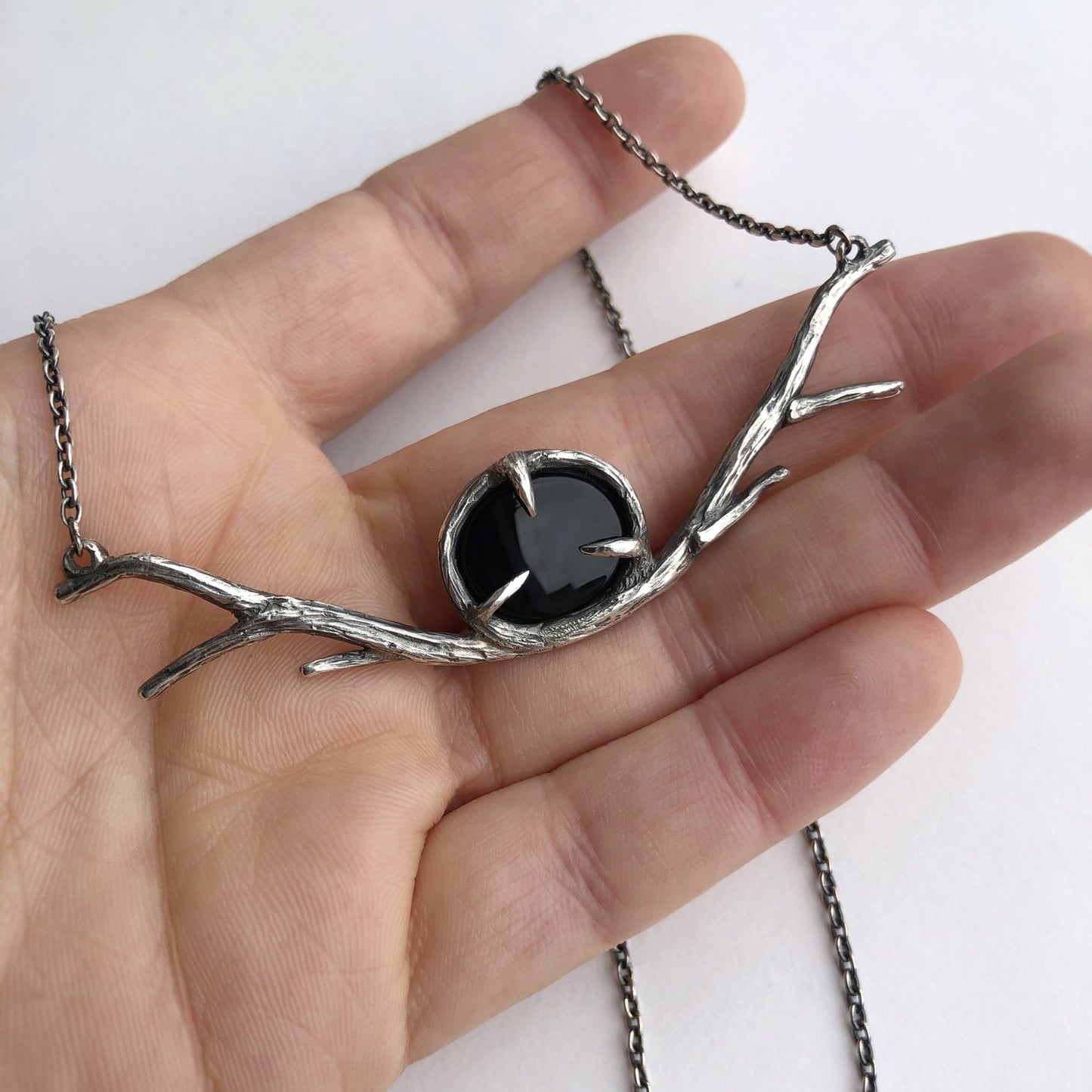 Onyx Necklace Sterling Silver Artisan Jewelry Nature inspired Minimal Gothic Witch Steampunk