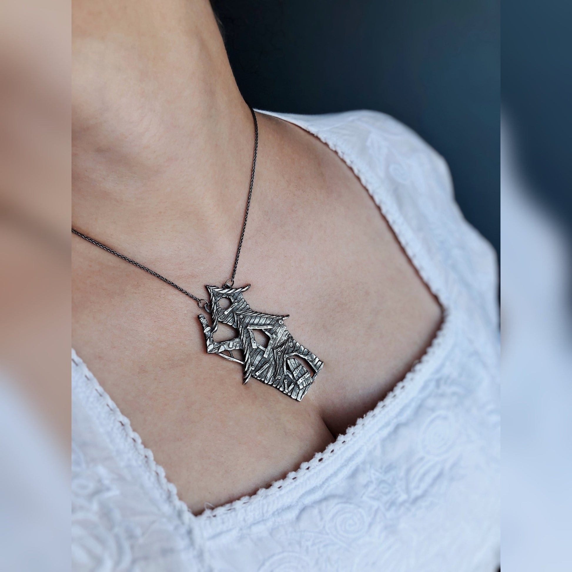 Haunted House Necklace, Sterling Silver, Artisan Made, Halloween Jewelry, Gothic, Witchy, Statement Jewelry