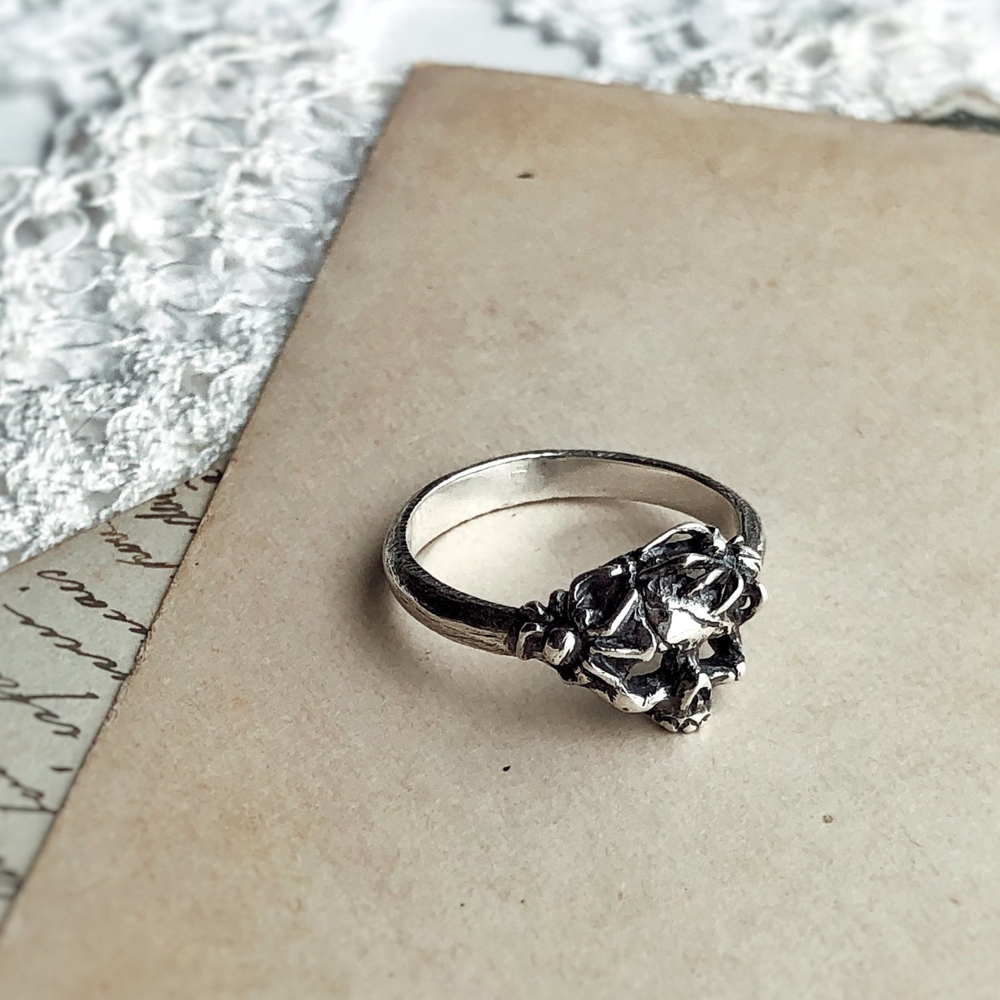 Skull Ring with Spiders, Gothic Jewelry, Sterling Silver, Artisan Made Jewelry, Nature inspired, Dark Academia